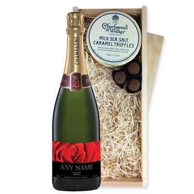 Personalised Champagne - Red Rose Label And Milk Sea Salt Charbonnel Chocolates Box